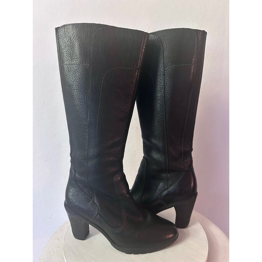 Timberland Black Pebbled Leather Tall Block Heel Boots Ion-Mask Women's 6M